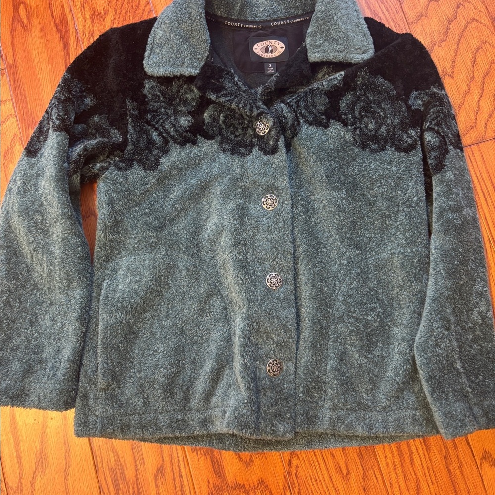 Cozy Green Teddy Jacket with Black Floral Accents